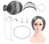 Accessori Costumi Nonna Parrucca, 7 Pezzi Set cosplay per costume da vecchia con Parrucca Cappuccio Nonna Parrucca Occhiali collane orecchini braccialetto, per Halloween Carnevale Giochi di Ruolo