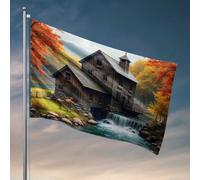 Accessori da bar Man Cave Autumn Serenity: un mulino rustico vicino al fiume bandiera decorazione garage per uomo stanza roba (152 x 244 cm)