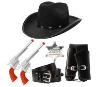 Accessori da cowboy per adulti, cappello da cowboy borchiato a stella, puntelli pistola in plastica, fondina nera con fibbia e distintivo da sceriffo argentato, set di accessori per costume da
