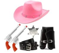 Accessori da cowboy per adulti, cappello da cowboy con borchie a stella, puntelli in plastica, fondina nera con fibbia e distintivo da sceriffo argentato, set di accessori per costume da sceriffo