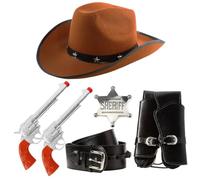 Accessori da cowboy per adulti, cappello da cowboy con borchie a stella, puntelli pistola in plastica, fondina nera con fibbia e distintivo da sceriffo argentato, set di accessori per costume da