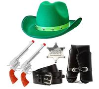Accessori da cowboy per adulti, cappello da cowboy con borchie a stella verde, puntelli pistola in plastica, fondina nera con fibbia e distintivo da sceriffo argentato, set di accessori per costume da