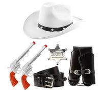 Accessori da cowboy per adulti, cappello da cowboy tempestato di stelle bianche, puntelli pistola in plastica, fondina nera con fibbia e distintivo da sceriffo argentato, set di accessori per costume