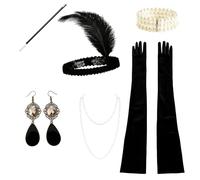 Accessori da donna anni '20, set di 6 accessori Great Gatsby, abiti da flapper costume Gatsby anni '20, collana di perle vintage, copricapo con piume, guanti neri, perfetti per feste a tema ruggenti