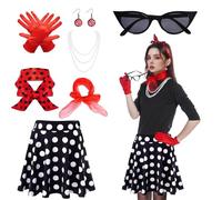 Accessori da donna anni '50, set costume anni 1950 con vita alta, minigonna a pois, cerchietto con occhi di gatto, occhiali rossi, sciarpa in chiffon, guanti per motoparty, retro, party, Colore: rosso