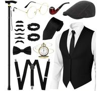 Accessori da uomo anni '20, costume da gangster 1920S, costume da mafia, costume da carnevale da uomo, accessorio per abbigliamento anni '20, con gilet, berretto, cravatta, papillon, barba, bracciale