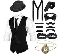 Accessori da Uomo Anni '20 Costume da Gangster di Gatsby Vestito Halloween Cosplay con Gilet Cappello Fedora Orologio da Tasca Bretelle Cravatta (M, Nero)