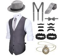 Accessori da Uomo Anni '20 Costume da Gangster di Gatsby Vestito Halloween Cosplay con Gilet Cappello Fedora Orologio da Tasca Bretelle Cravatta (XL, Grigio)