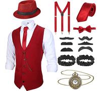 Accessori da Uomo Anni '20 Costume da Gangster di Gatsby Vestito Halloween Cosplay con Gilet Cappello Fedora Orologio da Tasca Bretelle Cravatta (L, Vino Rosso)