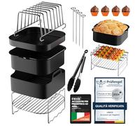 Accessori Friggitrice ad Aria, 15 Pezzi per Philips NA230 6,2L, Cosori 5,5L, 6L, Cecotec 5,5L, 6L, Moulinex 6,5L, Ariete 6L, Tristar 8L - Accessori Airfryer Quadrata XXL Con Teglia in Silicone
