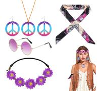 Accessori hippie donna - Set completo di accessori con cerchietto, occhiali da sole, orecchini e collana con simbolo di pace, sciarpa - Colore viola, Adatto per Molte Occasioni di Festa