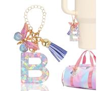 Accessori per charm a forma di lettera Stanley Cup con manico, graziosa lettera iniziale per bicchiere Stanley con ciondoli luccicanti pompon viola, Pandent B
