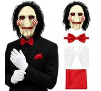 Accessori per costume da clown marionetta spaventosa per Halloween, 4 pezzi, maschera horror con parrucca, papillon rosso, tasca quadrata, guanti bianchi, burattino da clown horror, accessori per