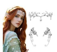 Accessori per costume da donna con orecchie da elfo, in argento, con elfi e tiara, corona, orecchie da elfo, cristalli, per cosplay, fata, elfo, orecchie, accessori per Halloween, carnevale, cosplay