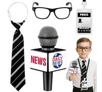 Accessori per Costume da Giornalista per Bambini, Kit Del Piccolo Giornalista con Microfono Giocattolo Cravatta Occhiali Finti Tessera Stampa Giocattolo Travestimenti per Halloween e Carnevale