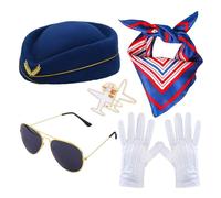 Accessori per costume da hostess della compagnia aerea, accessori per costume da assistente di volo da donna, kit per travestimento da assistente di volo, berretto, sciarpa, guanti, occhiali da sole,