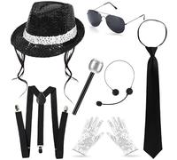 Accessori per Costume da MJ, Rocker Star anni '80, Set per Cosplay con Cappello Jazz con Paillettes, Guanti, Microfono, Cravatta, Occhiali da Sole, Set per Feste a Tema anni '80, Carnevale, Feste di-A