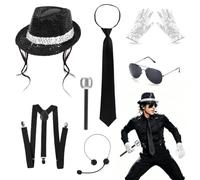 Accessori per Costume da MJ, Rocker Star anni '80, Set per Cosplay con Cappello Jazz con Paillettes, Guanti, Microfono, Cravatta, Occhiali da Sole, Set per Feste a Tema anni '80, Carnevale, Feste di-A