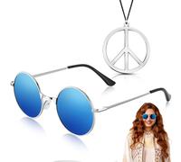 Accessori per Costume Hippie, Occhiali da Sole Hippie Retrò, Collana con Segno di Pace, Occhiali da Sole Rotondi, Collana Della Pace, Accessori Hippie Donna Uomo per Carnevale Halloween Festa