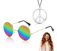 Accessori per Costume Hippie, Occhiali da Sole Hippie Retrò, Collana con Segno di Pace, Occhiali da Sole Rotondi, Collana Della Pace, Accessori Hippie Donna Uomo per Carnevale Halloween Festa