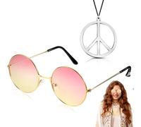 Accessori per Costume Hippie, Occhiali da Sole Hippie Retrò, Collana con Segno di Pace, Occhiali da Sole Rotondi, Collana Della Pace, Accessori Hippie Donna Uomo per Carnevale Halloween Festa