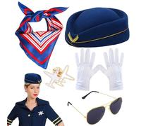 Accessori per costume hostess - Distintivo per aereo hostess - Costume da hostess per sciarpa a righe berretto, guanti da aeroplano, spilla da sole, Accetto la specializzazione, Refer to description