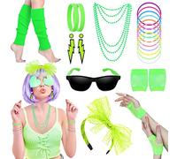 Accessori per costumi anni '80, abiti in stile anni '80, set e kit per feste da donna, scaldamuscoli al neon, collane, braccialetto, guanti a rete, orecchini con fiocco in pizzo, occhiali da sole,