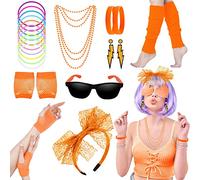 Accessori per costumi anni '80, abiti in stile anni '80, set e kit per feste per donne, scaldamuscoli al neon, collane, braccialetto, guanti a rete in pizzo, archetto, orecchini, occhiali da sole,
