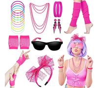Accessori per costumi anni '80, abiti in stile anni '80, set e kit per feste per donne, scaldamuscoli al neon collane, braccialetto, guanti a rete in pizzo, archetto, orecchini, occhiali da sole