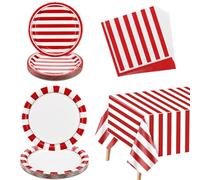 Accessori per feste di Carnevale e Circo, decorazioni a strisce rosse e bianche, set da 61 pezzi Include piatti di carta, tovaglioli, tovaglia per Carnevale, per compleanno, baby shower, picnic, serve