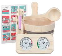 Accessori per sauna in legno di pino, 6 pezzi, secchiello da 3 l, con inserto in plastica, mestolo da 36 cm, clessidra da 15 minuti, termometro rettangolare - igrometro, poster per sauna laminato
