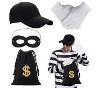 Accessori per travestimento da ladro: cappello, maschera, guanti e portafoglio per adulti e bambini, perfetti per Halloween, Carnevale e feste a tema