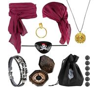 Accessori Pirata, Accessori Costume da Pirata con Bandana Pirata Fascia Pirata in Vita Benda Pirata D'oro Orecchini Bracciale Collana Bussola Borsa, Accessori Pirata Donna per Halloween