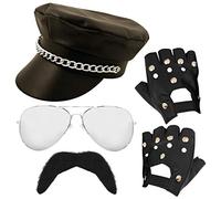 Accessori rock star per adulti anni '80 - cuffia nero con catena + occhiali da sole a specchio + guanti neri senza dita + baffi neri - 1980 s Orgoglio musicista rock star costume (taglia unica)