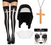 Accessori Suora Halloween, 5 Pezzi Accessori Costume da Suora, Copricapo da Suora, Collare, Ciondolo a Croce, Calzettoni, Adesivo Viso con Strass, per Gioco di Ruolo della Suora Donna Halloween
