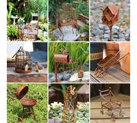 Accessori vintage in stile rustico per minigiardinaggio delle fate: casetta per uccelli in ferro arrugginito, gabbia, mangiatoia, bagno, attrezzi da giardinaggio, sedia, panca, altalena, scivolo, cass