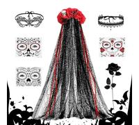 Accessorio Costume Day of the Dead Copricapo con Velo e Girocollo Decorato | Set Cerimonia per Testa da Festa Carnevale Cosplay Foto