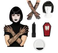Accessorio da vampiro da donna, parrucca a caschetto nero, guanti ragnatela, zanne da vampiro, rossetto nero, vernice per il viso, set di accessori per costume da film TV per adulti