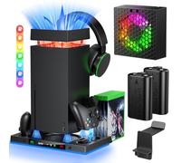 Accessorio di stazione di ricarica con ventilatore automatico per console Xbox Series X con 15 modalità di illuminazione, stazione di ricarica doppia senza fili, 2 batterie ricaricabili, supporto per