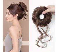 Accessorio per chignon laterale, da donna, tutto in uno, con motivo floreale, con extension a clip e anello volumizzante (marrone scuro)