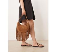 Accessorize - Borsa da spalla arrotondata color cuoio in pelle scamosciata con frange-Marrone No Size