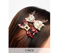 Accessorize - Confezione da 2 fermagli per capelli natalizi rossi e oro glitterati a forma di fiocco-Multicolore No Size
