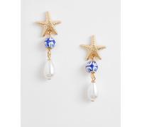 Accessorize - Orecchini pendenti dorati con perle sintetiche e stelle marine-Oro No Size