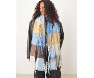 Accessorize - Sciarpa blu e crema a quadri stile coperta con frange-Multicolore No Size