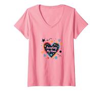 Accettare i Miei difetti: Cuore di Amore per sé ispiratore Maglietta con Collo a V, Donna, Rosa, S