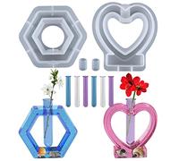 Accfore 2 Pieces Vase Silicone Moulds,Heart Resin Moulds,Silicone Hexagon Epoxy Resin Moulds with 6 Tubes for Plant Propagation, Hydroponics, Flower Preservation (Heart and Hexagon)