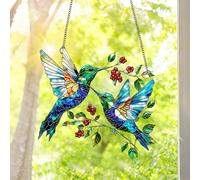 Acchiappasole colorato in acrilico da appendere, due colibrì con bacche rosse, 18 cm, decorazione per finestre con design stampato in stile vetro colorato, idea regalo e ornamento da giardino per