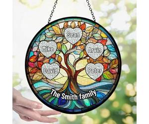 Acchiappasole in vetro colorato con albero della vita personalizzato, acchiappasole da appendere alla finestra con nome, regalo per genitori, nonni o persone care