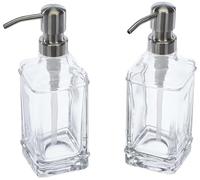 ACCL Dispenser versatile per sapone in vetro, 350 ml, erogatore a pompa in acciaio inox antigoccia, ricaricabile, per bagno, piano di lavoro, cucina, con 8 etichette impermeabili, confezione da 2