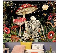Accnicc Arazzo floreale con scheletro a fungo, per camera da letto, estetico, hippie, fresco, natura, luna, stella, arazzo da parete per dormitorio e soggiorno (rosso, 152 x 127 cm)
